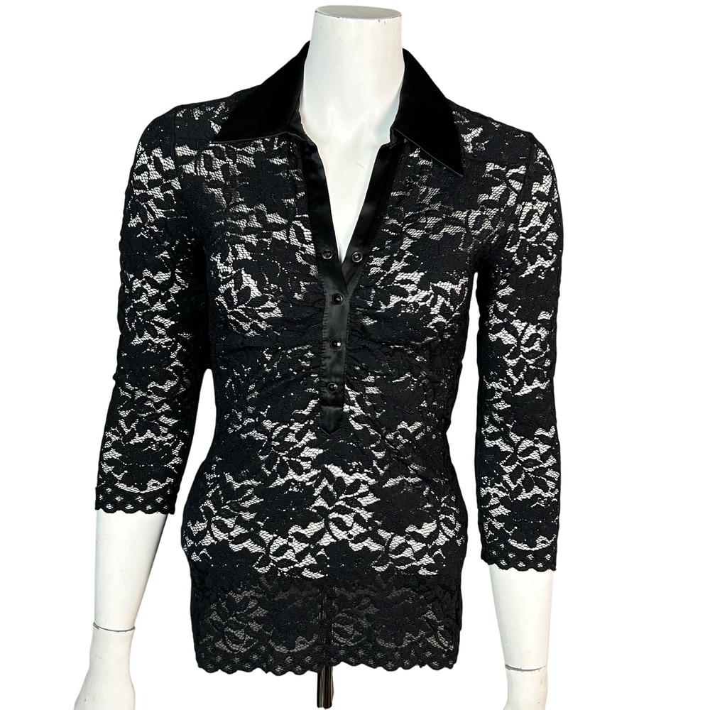 Y2K Whimsigoth Emo Lace Top Cache Small Black Floral Collared Dark Academia